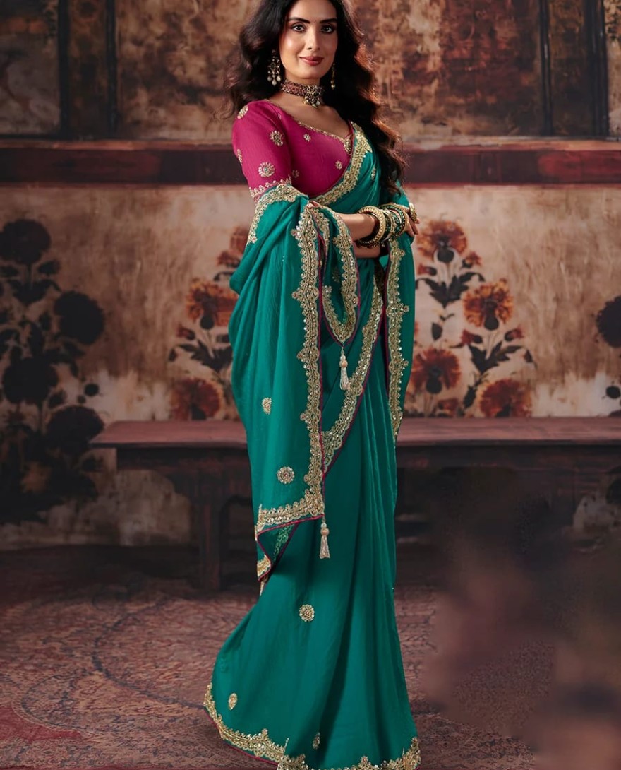 1002 - Teal & Pink Designer Style Festive Wear Saree